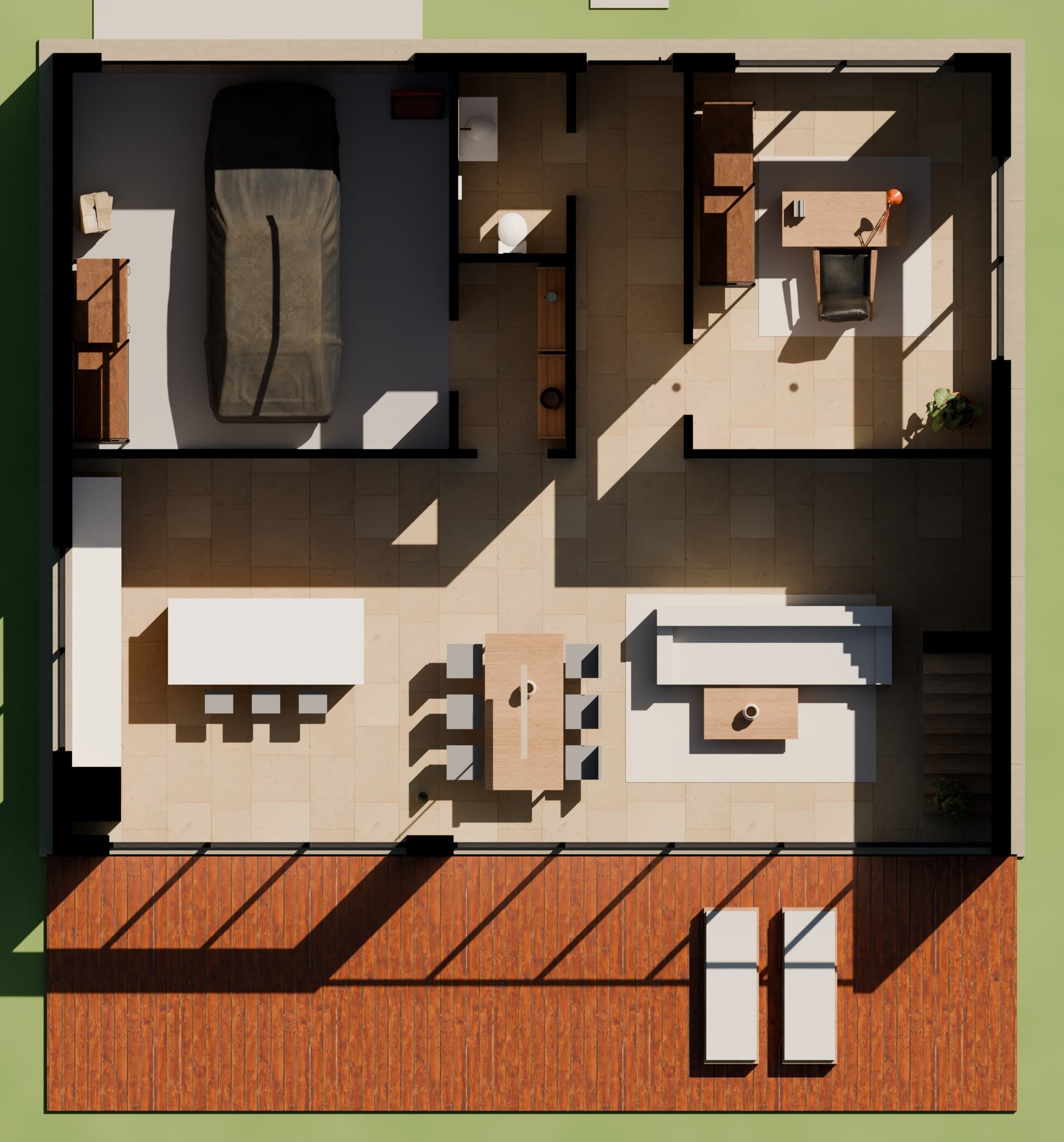 Planta del primer nivel vista desde arriba: garaje, estudio, cocina, comedor, sala y terraza.