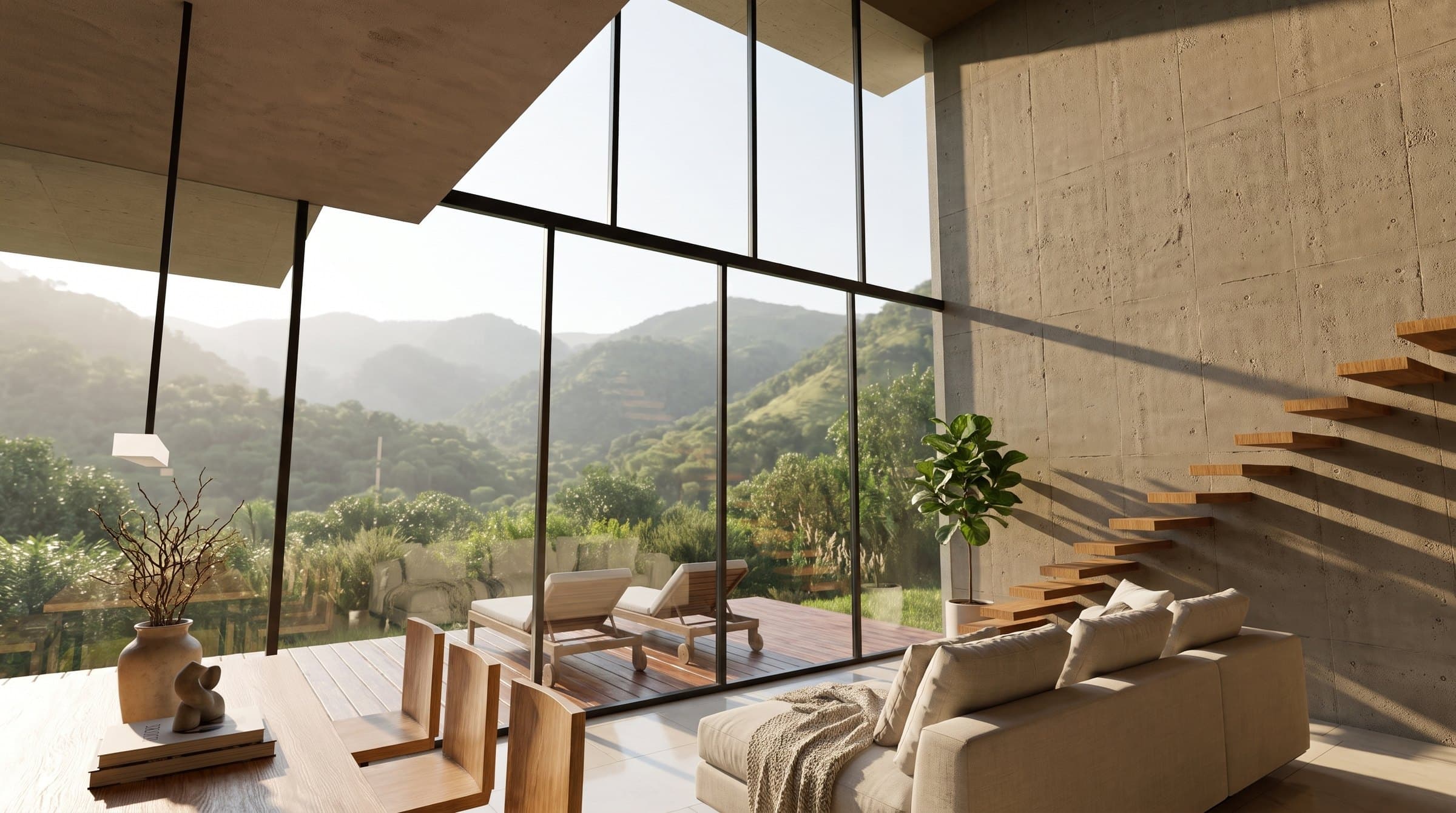 Sala en doble altura con ventanal de piso a techo hacia el valle.