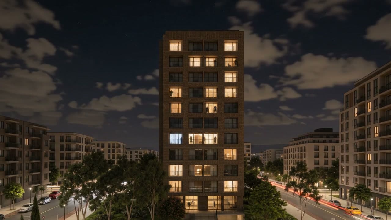 Torre Ocre de noche, con las ventanas de los apartamentos encendidas sobre la avenida.